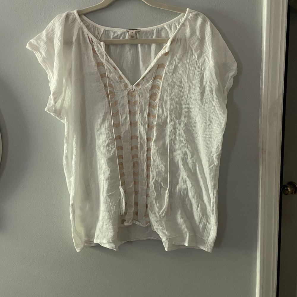 J. Crew Gold Embroidered Peasant Tassel Gauze Top